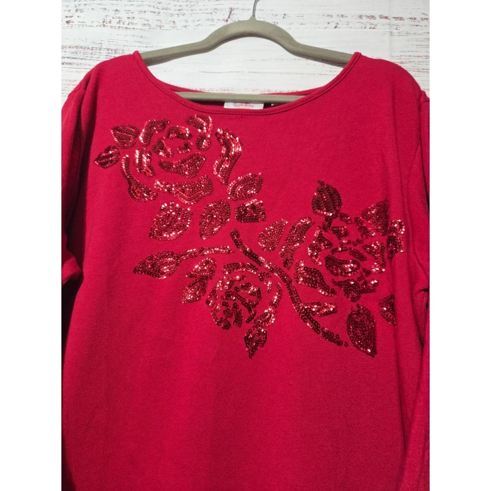 Quacker Factory Womens 2X Red Cotton Sequined Rose Floral 3/4 Sleeve Top